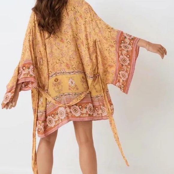 boho floral print mustard cut out sleeve kimono - Picture 6 of 9